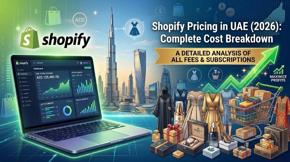 Shopify pricing dashboard shown on a screen next to UAE dirham currency notes